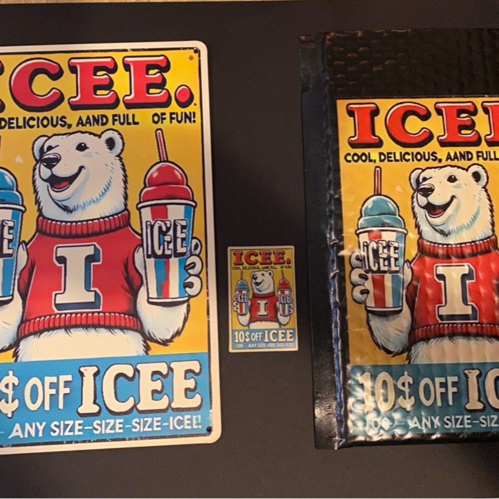 ICEE BEAR TIN SIGN MAGNET ART MAILER MINT !!